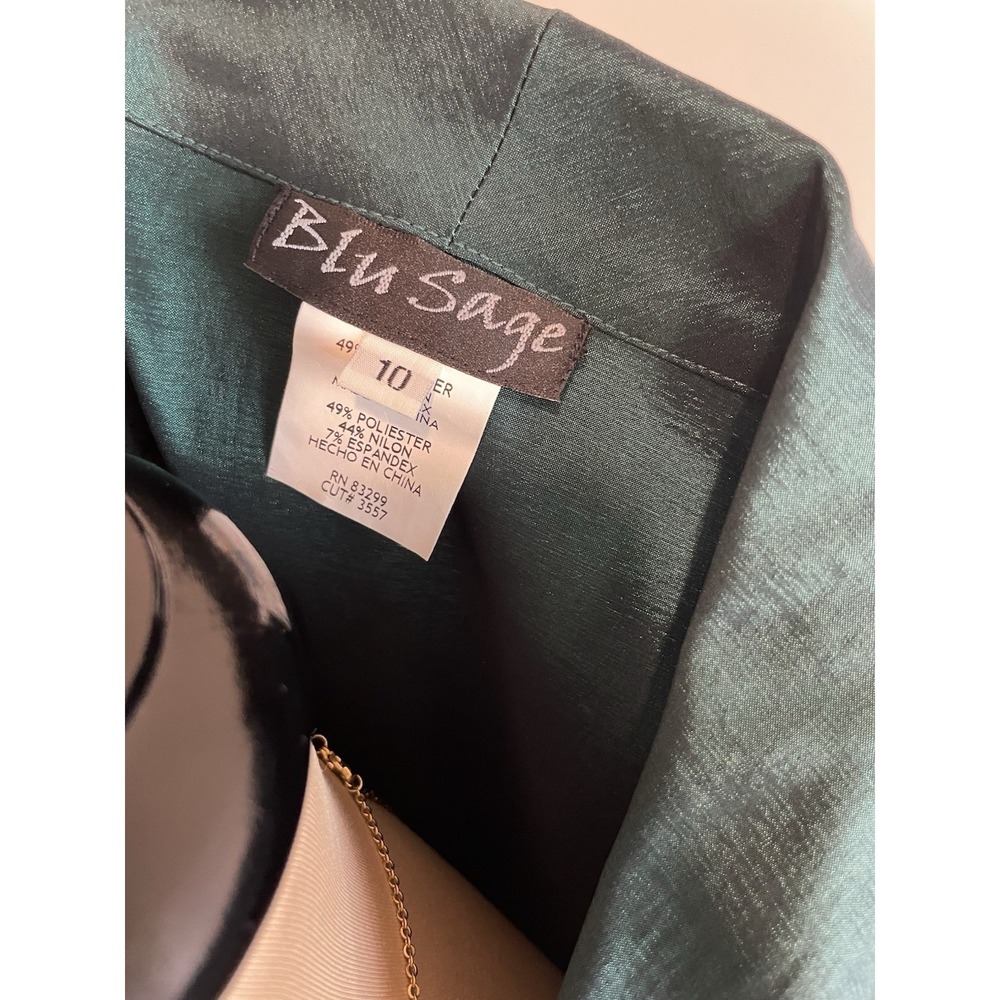 Blu Sage Emerald Green Shimmer Ruched Rhinestone Button Evening Blouse Size 10 - Picture 3 of 6